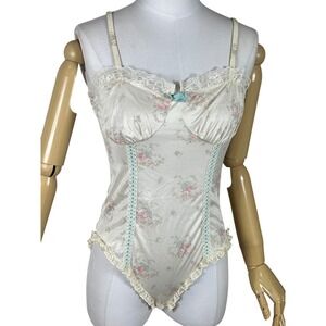 Vintage Nan Flower Floral Lace Trim Bodysuit Cream Pink Blue  Medium